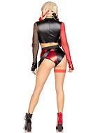 Harley Quinn, maskeradekostyme med topp og shorts, lange ermer, nettinnlegg, glidelås på forsiden